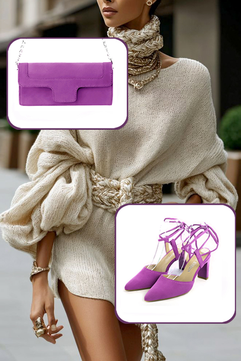 Women's mauve purple elegant closed-toe heels, with crossed straps. Tapered toe. High comma heels - Top view